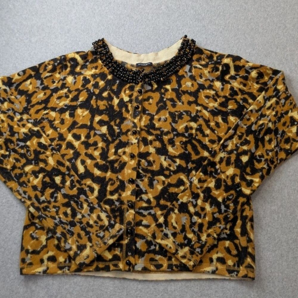 Magashoni Womens Cashmere Sweater Cardigan LG Animal Print Beaded Collar Mobwife